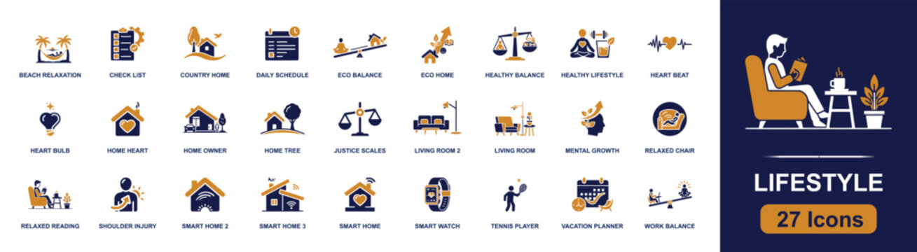 Lifestyle icon set. Containing beach relaxation, country home, living room, smart home, healthy lifestyle, mind growth, watch, tennis player, work balance and more. Solid fill vector icons.