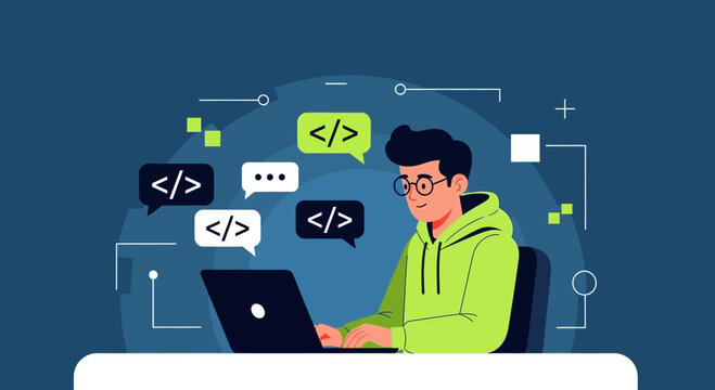 Young programmer coding on laptop with code symbols in speech bubbles, abstract tech background