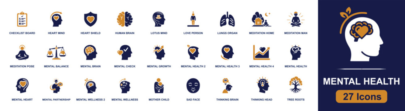 Mental health icon set containing brain, meditation, wellness, heart shield, mindfulness, therapy, mental balance, thinking head, lotus mind, mother child and more, solid fill vector icons.