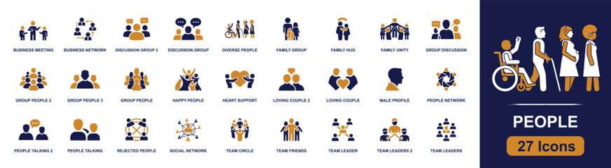 Fototapeta premium People icon set. Containing family group, discussion group, loving couple, team leader, social network, business meeting, diverse people, people talking and more. Solid fill vector icons.