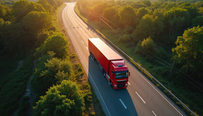 Red semi-trailer truck drives on highway through green forest. Sun shines on trees and road. Aerial view shows transport logistics and supply chain.