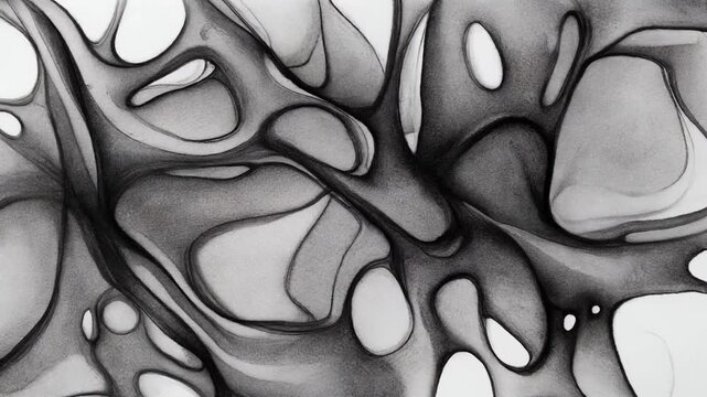 Abstract grayscale drawing of organic shapes, creating a cellular and fluid-like composition