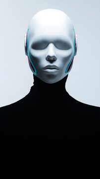 Person mit wei&szlig;er glatter Maske vor hellem Hintergrund in schwarzem Rollkragenpullover