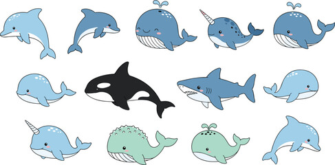 Collection of Cute Sea Animals Including Dolphins, Whales, Narwhals, Sharks, and Orcas for Kids and Ocean Designs © Aminul
