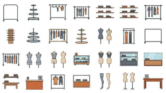 Vector 2D CAD illustrations of fashion design elements and tools on display
