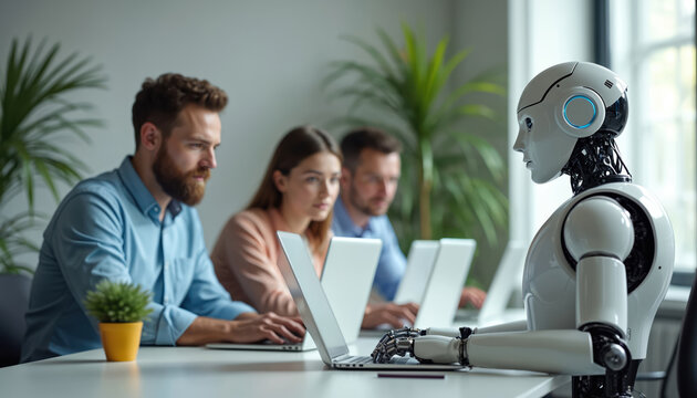 People work with robot on laptops in office. Team uses AI tech for business tasks. Future workplace collaboration with modern robot and computer.