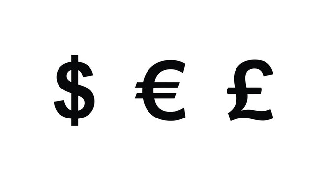 Currency symbols of the dollar euro and pound as black silhouettes