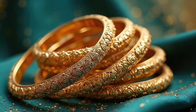 Stack of ornate gold bangles with intricate patterns rests on teal silk fabric. Shiny luxurious bracelets sparkle with fine detail, suggesting wealth and status.