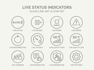 Fototapeta premium Clean line art UI icon set for live status indicators, featuring icons for active, paused, ended, error, reconnecting, latency, HD quality, low quality, audience, interaction, moderation, an