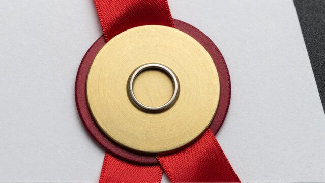 Gold medal with red ribbon on white paper