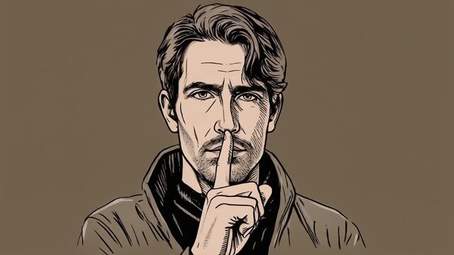 A man with a hand on his lips, signaling silence, against a brown background