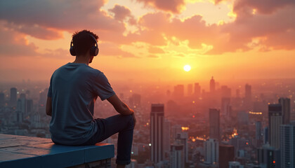 Fototapeta premium Man with headphones sits on rooftop. He gazes over city skyline at vibrant orange sunset. Enjoying calm moment listening to music, seeking peace in urban landscape, feeling freedom.
