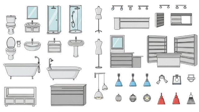 Vector 2D CAD bathroom elements and fixtures in a modern setting