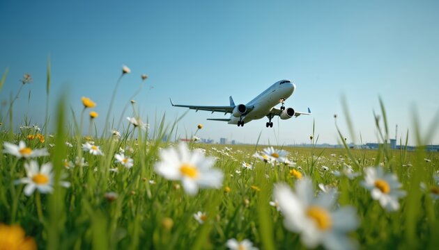 White passenger jet plane climbs into clear blue sky over green meadow with white daisy flowers. Aircraft ascends above grass field, preparing for long journey, showing nature contrast.