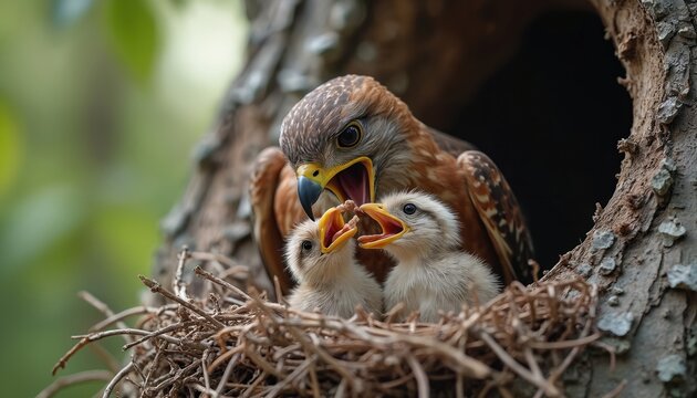 Mother hawk feeds hungry chicks in nest built in tree hollow. Young birds open mouths wide waiting for food from parent bird. Fierce parent cares for nestlings.