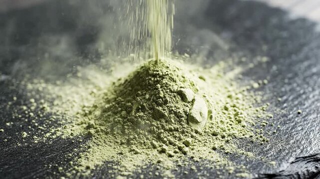 Ceremonial grade matcha powder sifting onto polished slate stone surface jade green dust cloud overhead macro