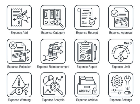 A set of 12 line icons depicting various expense management concepts, including expense report, receipt, reimbursement, and settings, in a modern minimalist style on a white background for b