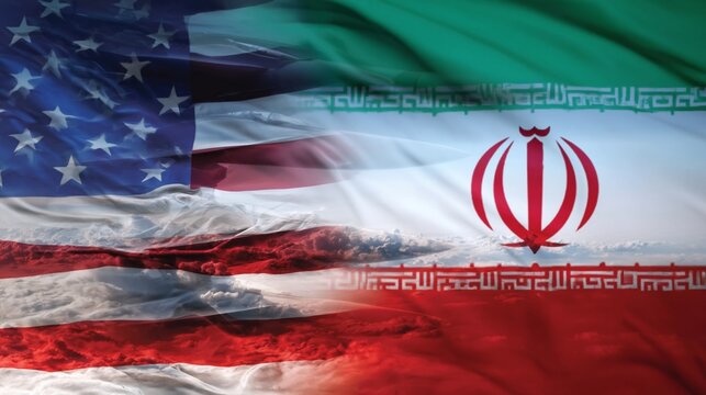 Konzeptbild zeigt &uuml;berlagerte US-amerikanische und iranische Flagge mit einem Kampfjet in dramatischer Lichtstimmung