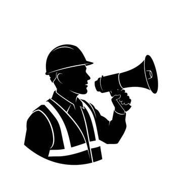 Construction worker, laborer, silhouette, hard hat, megaphone, announcement vector isolated on White Background vector eps silhouette