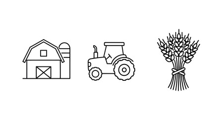 Farm icons depicting a barn tractor and wheat linear silhouette © DELRUBA
