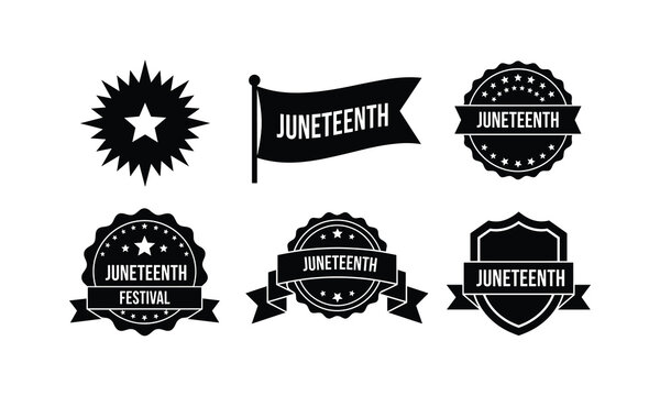Juneteenth celebration emblems and starburst vector graphics set.