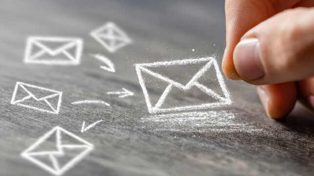 Conceptual illustration of hand drawing multiple white envelope icons with arrows on a dark surface representing email communication and message delivery systems