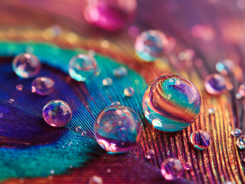 Vibrant water droplets resting delicately on a colorful iridescent feather showcasing intricate textures and vivid rainbow hues in stunning macro photography