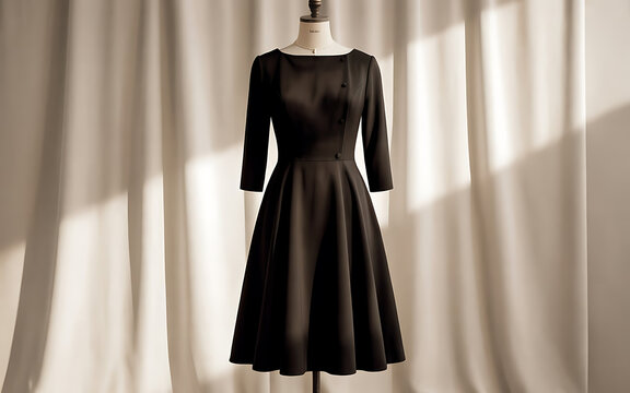 Elegant black long sleeve dress on mannequin studio lighting
