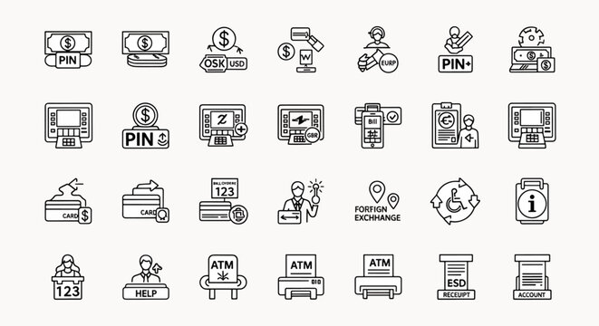 Modern Financial Icons Set Including ATM, Credit Card, Currency Exchange, and PIN Pad for Banking and Payment Concepts