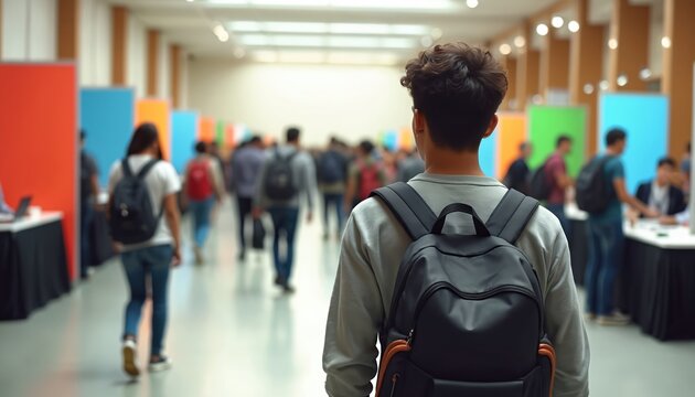 Young person with backpack walks in large hall. Many people attend job fair with colorful booths. Students seek career opportunities at university recruitment event.
