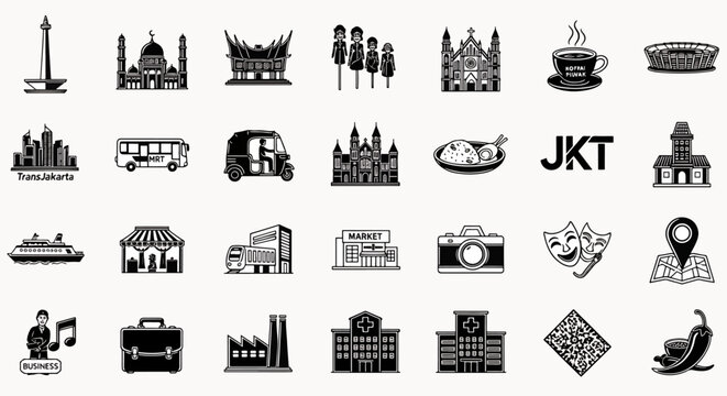 Jakarta Indonesia Icons Set Monumen Nasional Monas Mosque Traditional Houses Transportation Food Landmarks