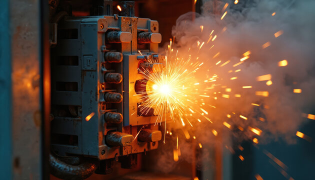 Electrical panel sparks with smoke. Circuit breaker overload causes fire danger, sparks fly out from fuse box. Intense energy burst. Urgent hazard shown.