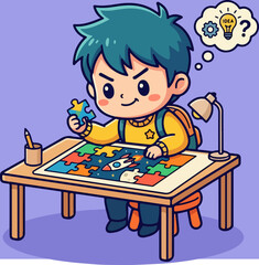 Naklejka premium Boy solving puzzle with idea lightbulb, thinking about solution.