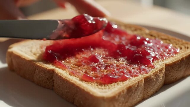 Close-up of spreading vibrant red strawberry jam on toasted bread slices with butter in a warm kitchen setting for breakfast or snack preparation