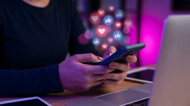 Person interacts with a smartphone, displaying vibrant social media like and heart icons floating around the screen.