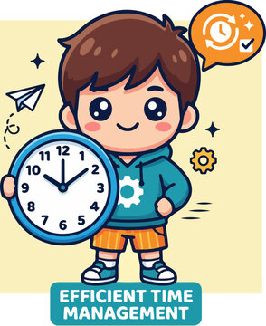 Cartoon boy holding clock efficiently managing time.
