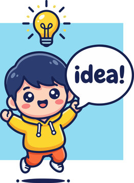 Cartoon boy with an idea and a lightbulb above his head.