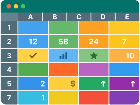 Colorful spreadsheet with data and symbols, perfect for business analysis and data visualization.