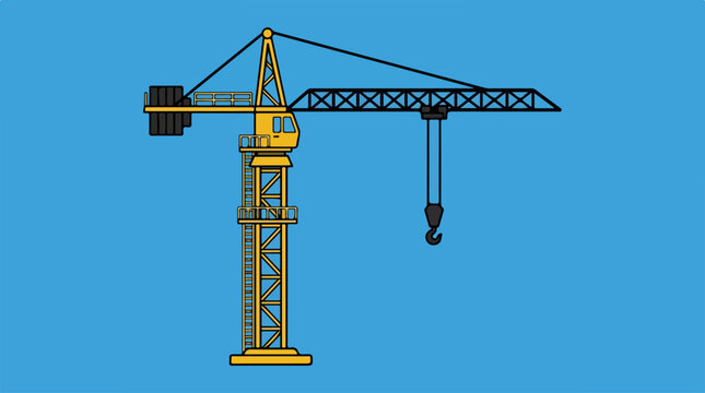 Construction crane illustration on a blue background, industrial equipment.