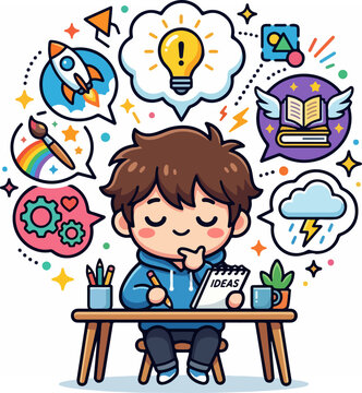 Creative young boy brainstorming ideas and writing in notebook.