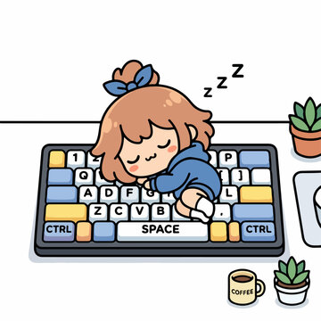 Cute cartoon character sleeping on a computer keyboard, dreaming peacefully.