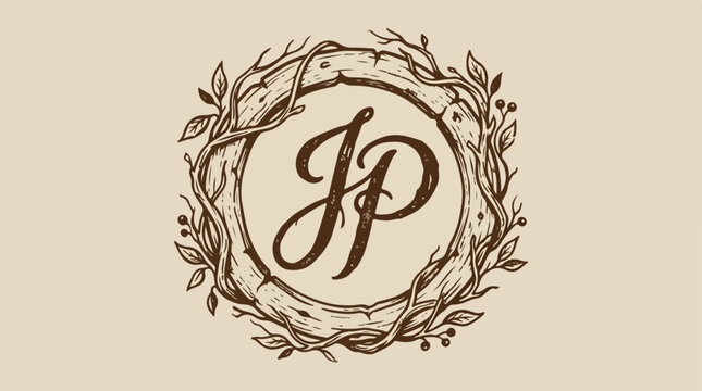 Elegant Initial Design - JP Monogram Surrounded by Floral Wreath.