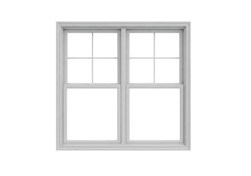 A classic double-hung window with six panes divided by muntins in a muted frame isolated on white background