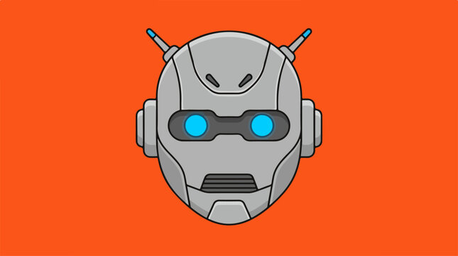 Futuristic robot head illustration on a vibrant orange background, technology concept.