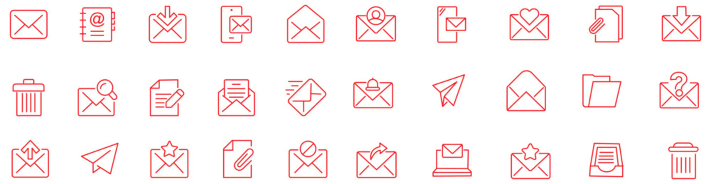 Email icon set. Minimal vector line icons pack. Incldes symbols for reply, inbx, send mail, attachment, pam, draft, contact, encrytion and more. Editable stoke.