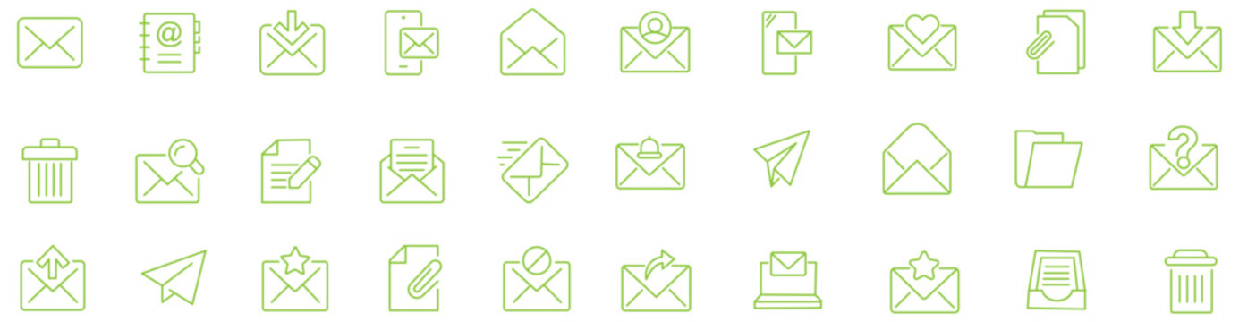 Email icon set. Minimal vector line icons pack. Incldes symbols for reply, inbx, send mail, attachment, pam, draft, contact, encrytion and more. Editable stoke.