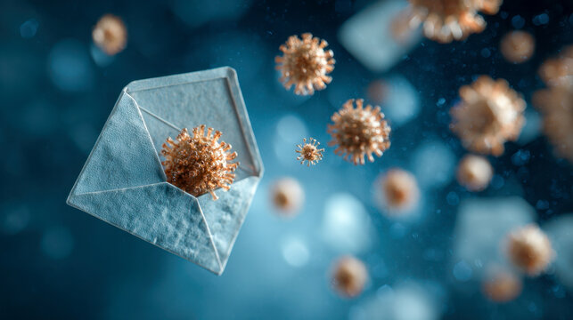Conceptual 3d illustration of virus particles emerging from an open envelope symbolizing email-based cyber threats or virus transmission in digital communication sys