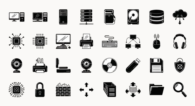 Collection of computer hardware and software icons, including processors, computers, servers, networking, and data storage symbols