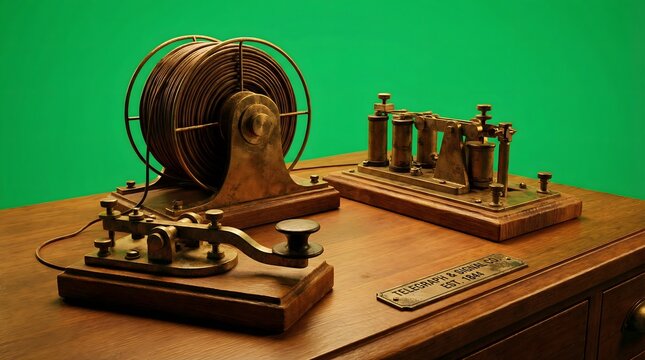 Vintage Telegraph Equipment: Morse Code Key, Coil, and Receiver