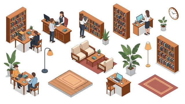 Isometric Library Reading Room Architectural Blueprint Human Activity Vector Set, Isolated Elements with Plant, Minimal Flat Style Illustration on White Background